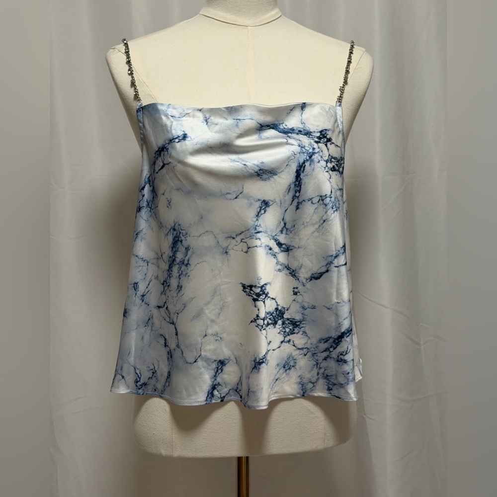 DO+BE Rhinestone Chain Strap Crop Top Blue White Y2K Satin Marble Print Small